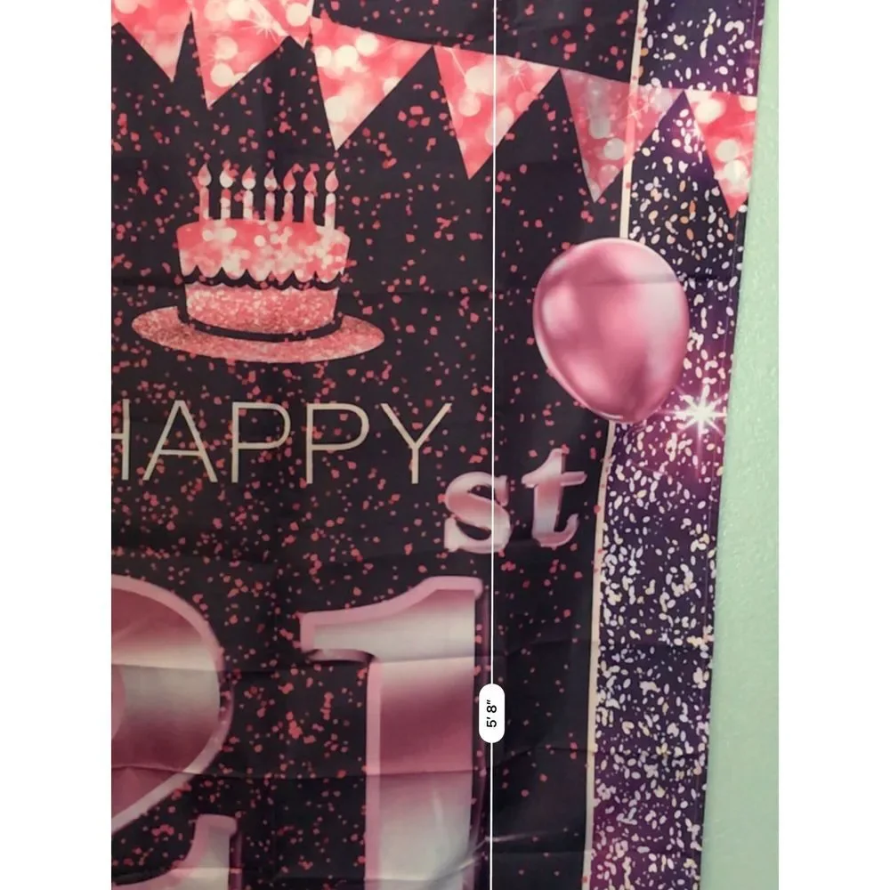 Happy‎ 21st Birthday Banner With Pink Balloons & Cake Print - Party Decoration